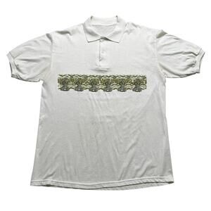 Vintage Hawaiian Fishermen Graphic Polo Shirt Gray Short Sleeve Sz M / L  Tribal